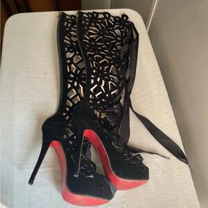 Black Laser-Cut Lace-Up Knee-High Stiletto Boots
